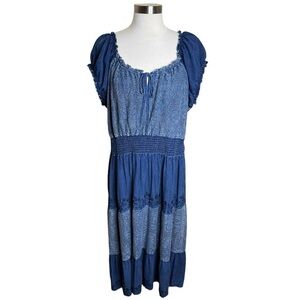 Vintage Oso Casuals Chambray Stretch Milkmaid Scoop Neck Tassels Womens XL Blue